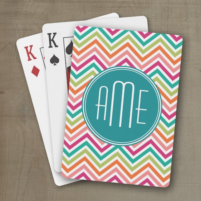 Baralho Monograma Personalizado de Chevrons Laranja Rosa Q (Personalized playing cards with an area for text such as a name or monogram)