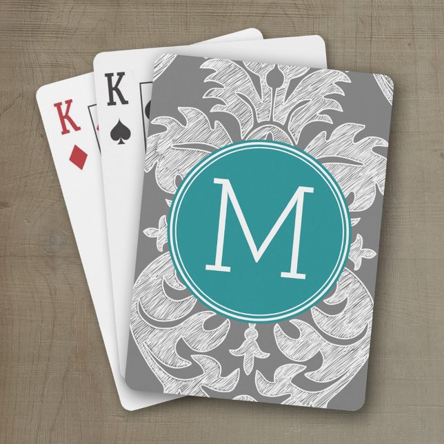 Baralho Monograma Personalizado de Cinza Chic e Cor damasc (Personalized playing cards with monogram or custom text)