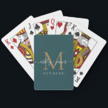 Baralho Monograma Personalizado de Noivos em Azul Escuro e<br><div class="desc">Celebre o amor com estilo com estas cartas de jogar personalizadas em azul escuro e dourado. Com um monograma elegante, os nomes do casal e o ano de casamento, essas cartas são um presente único para casamentos, aniversários ou noites de jogos. Uma mistura perfeita de sofisticação e diversão, são ideais...</div>