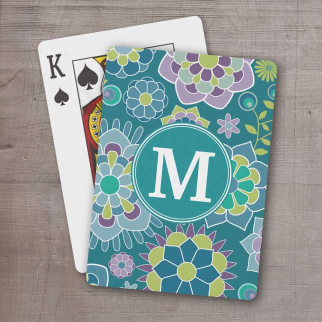 Baralho Monograma Personalizado de Padrão Floral Primavera (Personalized Playing Cards - monogram with colorful retro flower pattern)