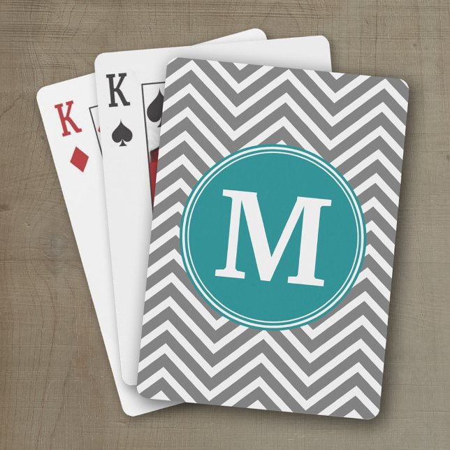 Baralho Monograma Personalizado de Turquesa e Chevrons (Personalized playing cards with an area for text such as a name or monogram)