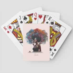 Baralho Mulher afro-americana com cabelo estragado em árvo