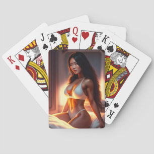 Baralho Mulher asiática espantosa a jogar cartas
