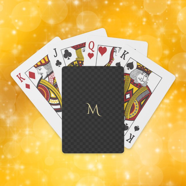 Baralho Na moda Moderno Dourado com cruz a preto (Black Checkered Gold Monogrammed Modern Stylish Playing Cards)