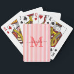 Baralho Nome com Monograma Listras Vermelhas e Brancas<br><div class="desc">Adicione um toque personalizado e sofisticado à noite de jogos com este elegante baralho de cartas personalizado. Com um design listrado vermelho e branco elegante, cada carta é personalizada com a inicial do seu monograma e nome em uma fonte de letra cursiva sofisticada, dando ao seu baralho um charme atemporal...</div>