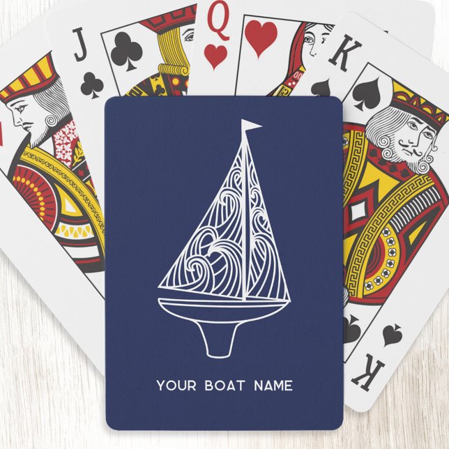 Baralho Nome da embarcação à vela Azul Marinho náutico (Your boat name custom text sailing boat yacht navy blue playing cards)