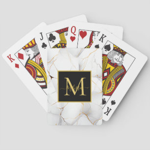 Baralho Nome do Monograma Branco Moderno e Dourado Marbled