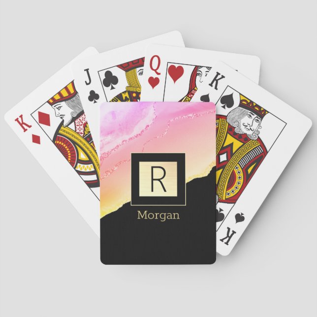 Baralho Nome & Monograma Preto & Dourado Caixa Rosa & Dour (Verso)