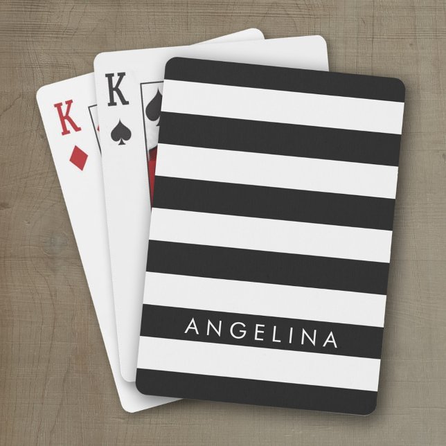 Baralho Nome Personalizado de Padrão de Strike Preto e Bra (Personalized playing cards with a modern stripe pattern and a place for a name or monogram)