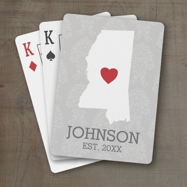 Baralho Nome Personalizado do Mapa do Estado de Início Mis (Personalized Playing Cards with a State Map, Movable Heart and Name)