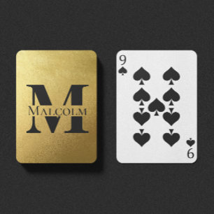 Baralho Nome Personalizado do Monograma Preto e Dourado