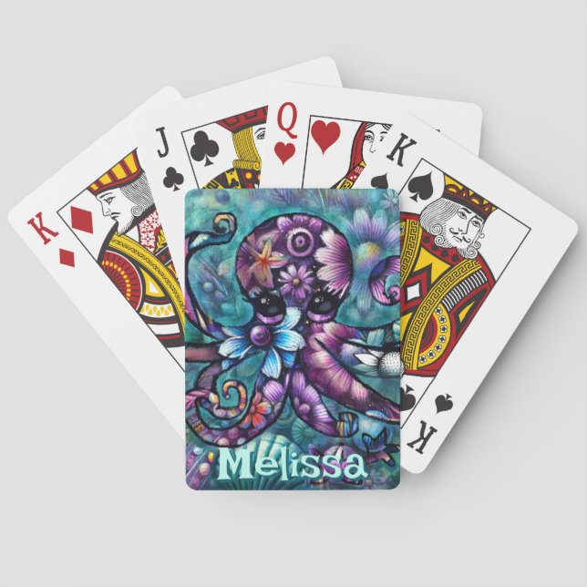Baralho Octopus Floral Teal Coastal Personalizado (Verso)