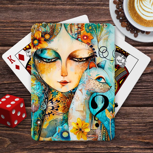 Baralho Os Suspeitos Gatos De Bela Arte (Cat mom playing cards featuring a fine art illustration of a lady and mysterious kitty.)