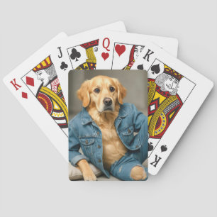 Baralho Ouro Retriever Posicionando Em Jeans Azuis