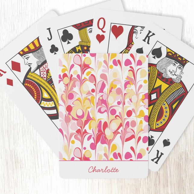 Baralho Padrão de Abstrato de Marble Retroativo, rosa, per (Retro marble pink orange and yellow pattern personalized name playing cards)