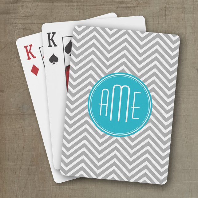 Baralho Padrão de cinza e Aqua Chevron com Monograma Moder (Personalized playing cards with a fun area to add text such as a name or monogram)