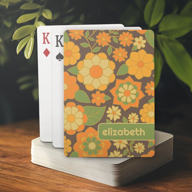 Baralho Padrão Floral Retroativo Trendy com bloco de nome (Personalized playing cards)
