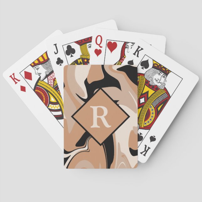 Baralho Padrões de espiral em mármore preto monograma (Verso)