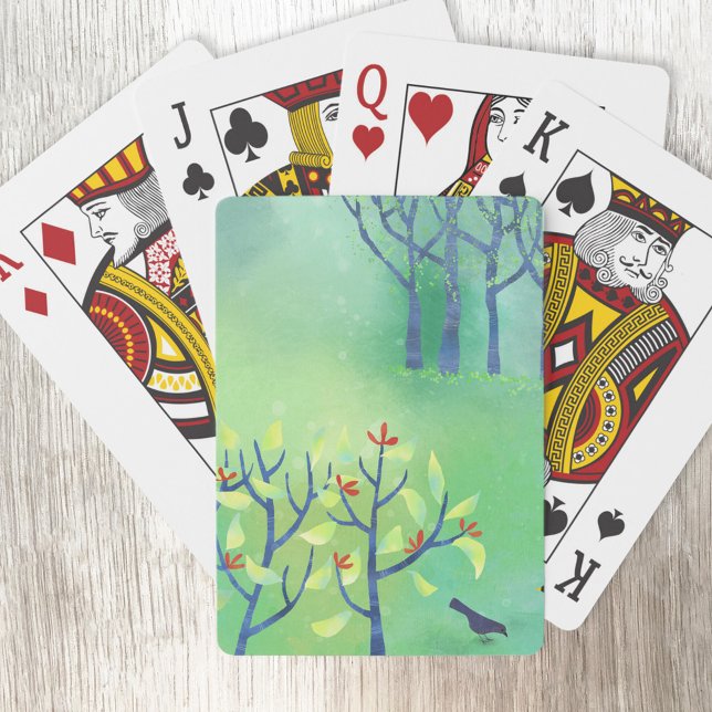 Baralho Paisagem Abstrato Verde Moderna (Green moderbn abstract landscape with bird and trees art playing cards)