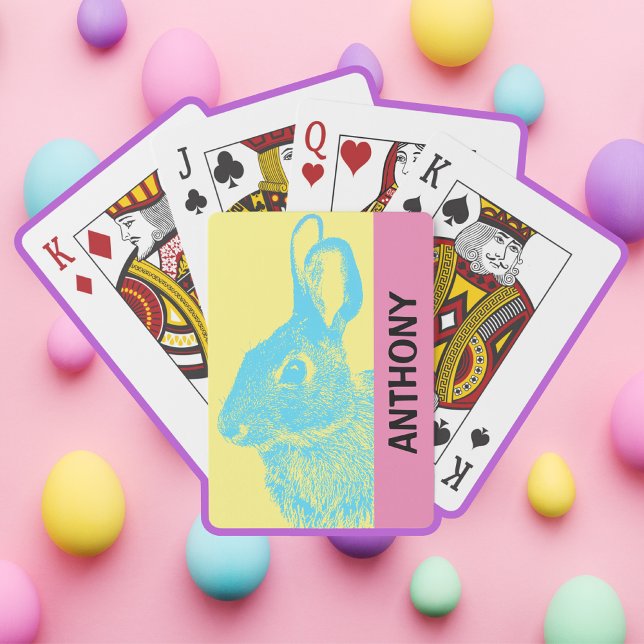 Baralho Pastel retrovisor azul de coelho da Páscoa (Easter basket filler present Bunny Rabbit Customizable Playing Cards, Retro Style in Pastel Colors.)