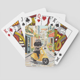 Baralho Patinete preto doodle nas ruas da cidade europeia
