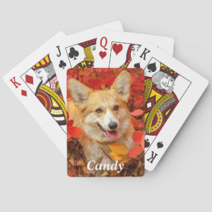 Baralho Pembroke Welsh Corgi Puppy Dog em Folhas Vermelhas