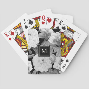 Baralho Pêonos Pretos e Brancos Monograma Floral de Aquare