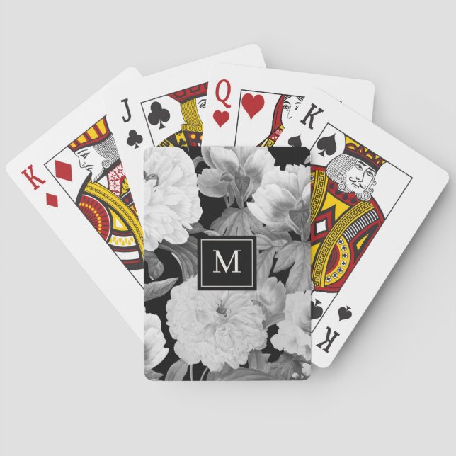 Baralho Pêonos Pretos e Brancos Monograma Floral de Aquare (Verso)