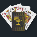 Baralho Personalizar Hanukkah Preto MENORAH<br><div class="desc">Cartões negros Elegantes, mostrando com a menorah dourada falsa em um padrão ladrilhado. No centro, há uma imagem de uma grande menorah que é PERSONALIZÁVEL, para que você possa carregar sua própria imagem. Por baixo, o texto diz CHAG SAMEACH. Isso também é personalizável para que você possa adicionar sua saudação...</div>