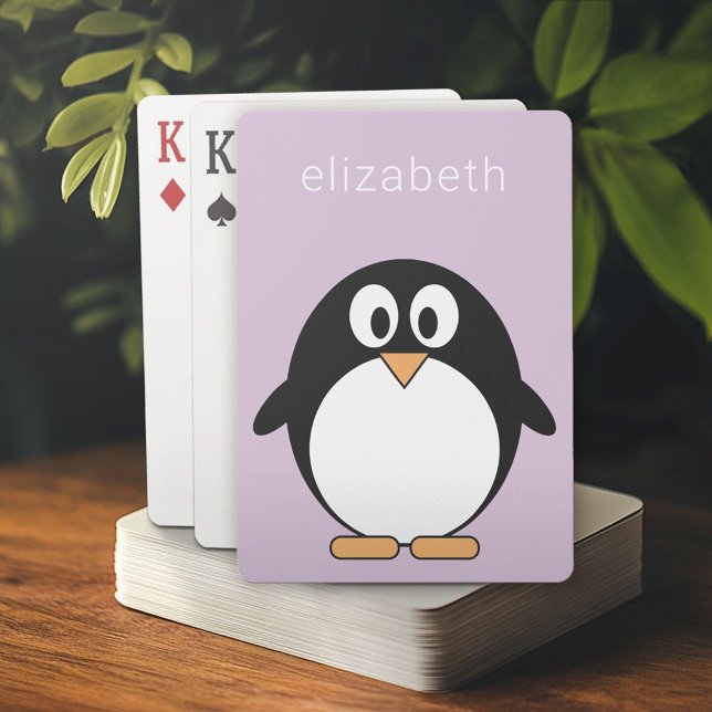 Baralho Pinguim Pinguim Pinguin Pastel Purple Nome Moderno (Personalized playing cards)