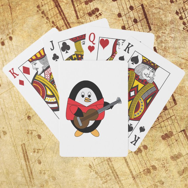 Baralho Pinguim tocando música de violão (A deck of playing cards with a penguin playing the guitar.)