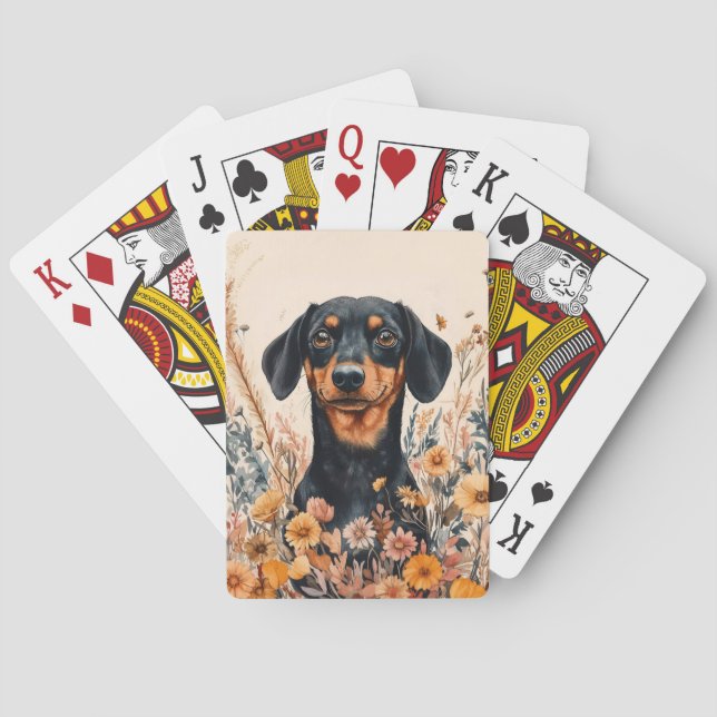 Baralho Pintura de Dachshund Fofo com Flores Silvestres (Verso)