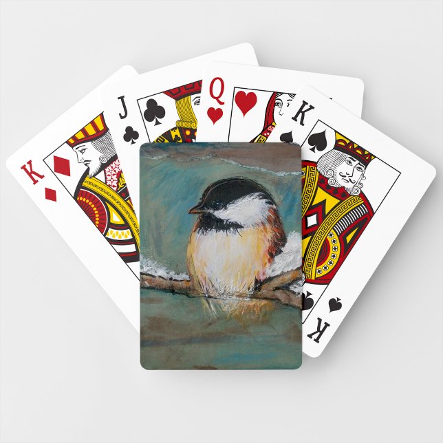 Baralho Pintura de inverno em pássaro-do-caracol-preto-bra (Cute Chickadee Bird Art playing cards from Jenn's Emporium. )