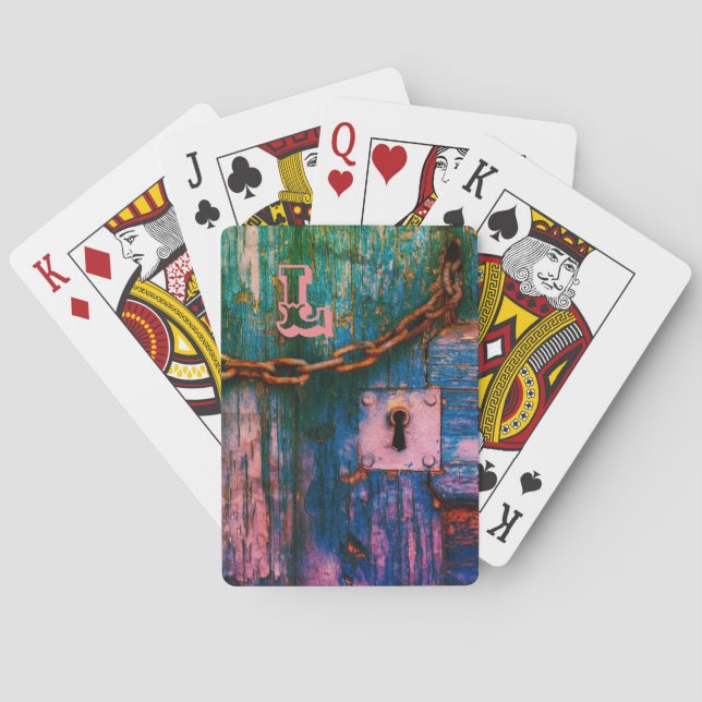 Baralho Porta de madeira russa, fechadura e cartas de joga (Verso)