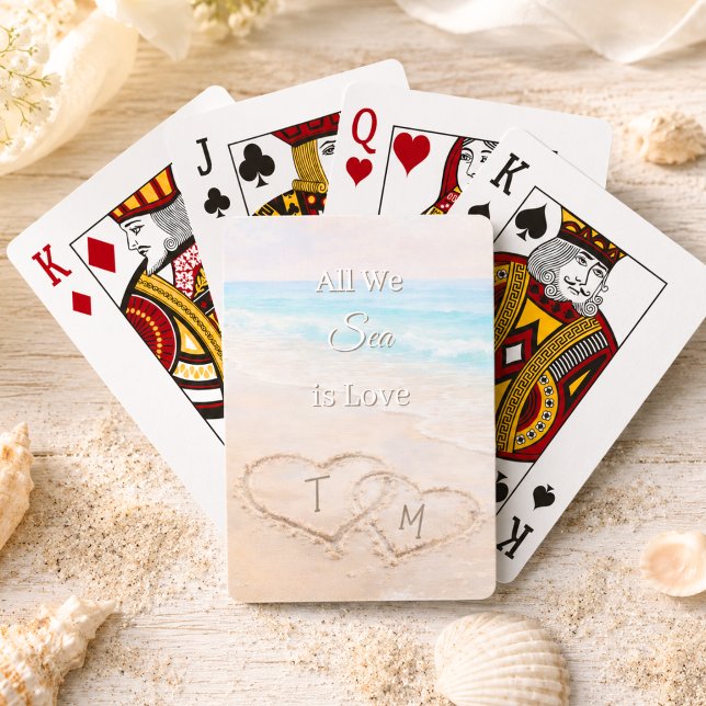 Baralho Praia de Casamento Corações Areia Monogramada  (Criador carregado)