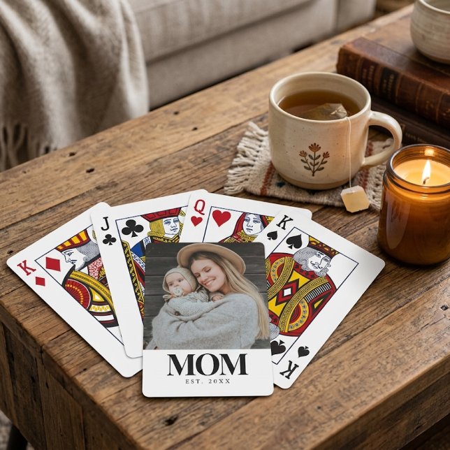 Baralho Presente de Foto em Tipografia Preta Estabelecida  (Mom Established Black Typography Photo Gift Poker Cards)