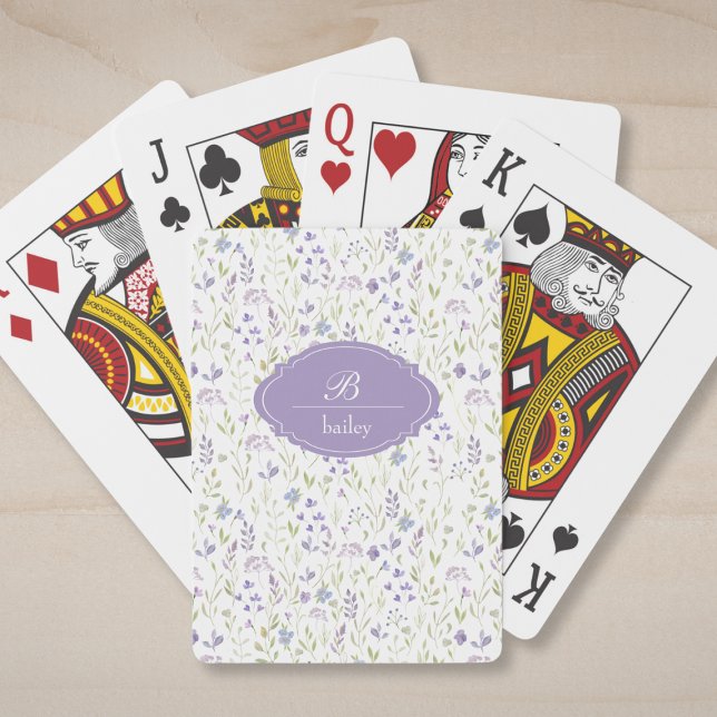 Baralho Purple Floral Monogram Classic Playing Cards (personalized cottagecore purple blue floral pattern monogram cards)