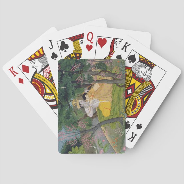 Baralho Radha e Krishna abraçam-se numa plantação florida (Verso)