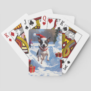 Baralho Rat Terrier Correndo na Neve com Chapéu de Natal