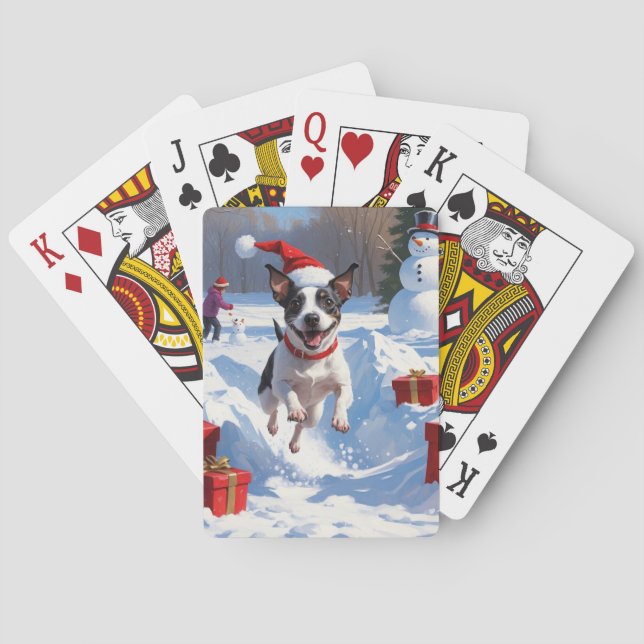Baralho Rat Terrier Correndo na Neve com Chapéu de Natal (Verso)