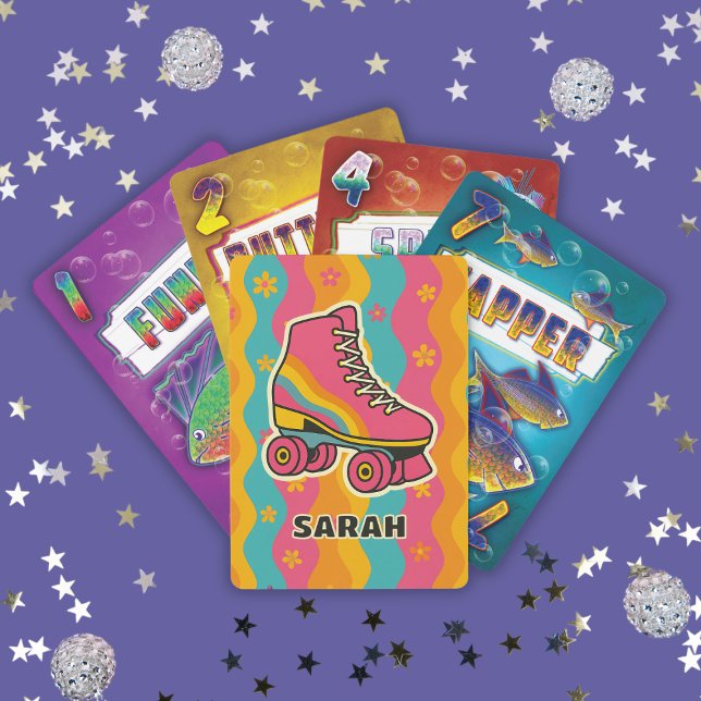 Baralho Reprodução de Rapariga de Pista de Nome Personaliz (Custom Name Roller Skating Girl Playing Poker Cards
)