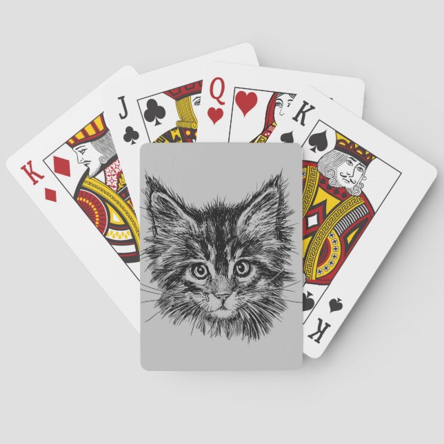 Baralho Rosto de gatinho preto e branco no cinza (Verso)