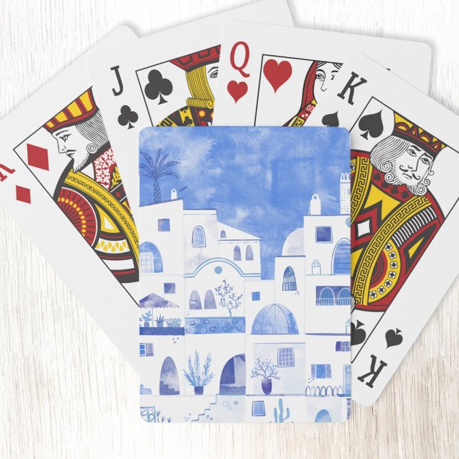 Baralho Santorini Oia Ilha Grega Watercolor (Oia Santorini blue and white watercolor townscape painting art playing cards)