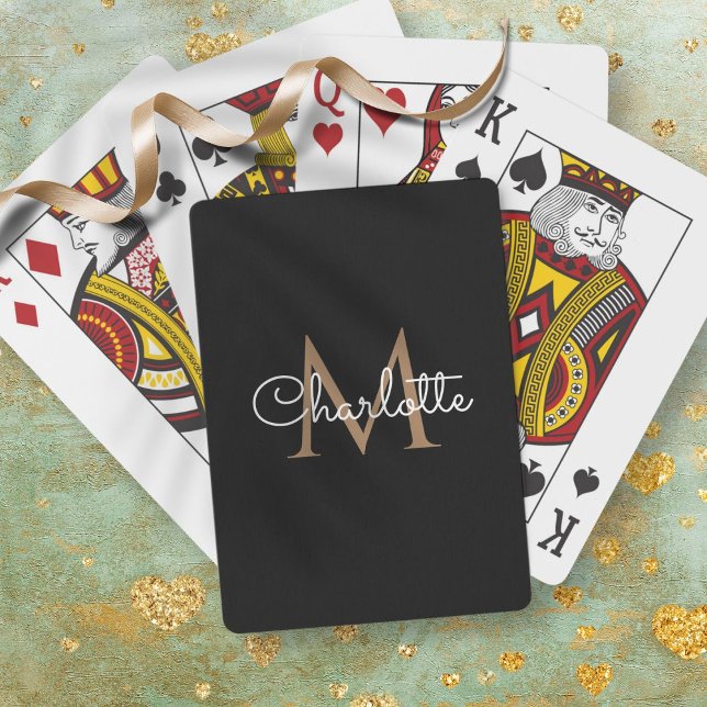 Baralho Script Menino Elegante de Monograma Dourado Preto (Black Gold Monogram Elegant Girly Script Playing Cards)