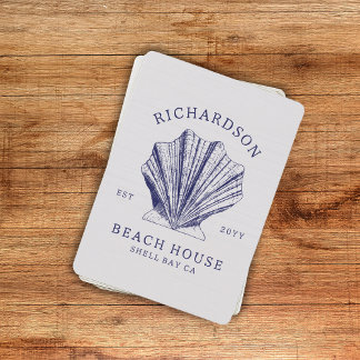 Baralho Shell do Nome da Família Rustic Beach House | Azul