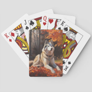Baralho Siberian Husky no Outono Folhas Caídas Inspiram