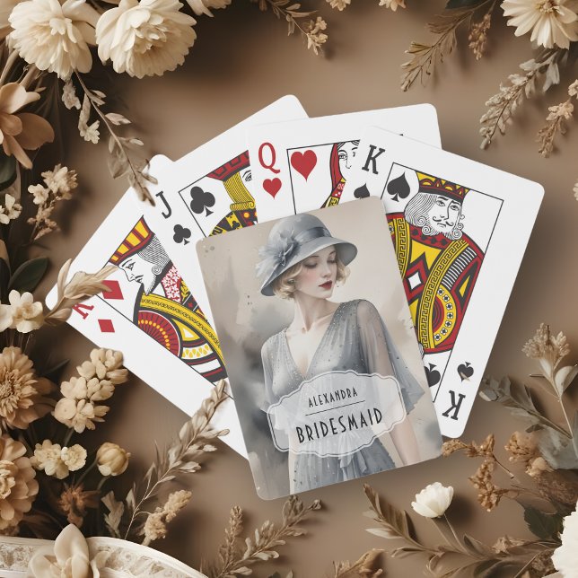 Baralho Sophisticated Vintage 1920 Blonde Woman in Grey (Sophisticated Vintage 1920 Blonde Woman Illustration in Grey Shades Playing Cards for Bridesmaid.)