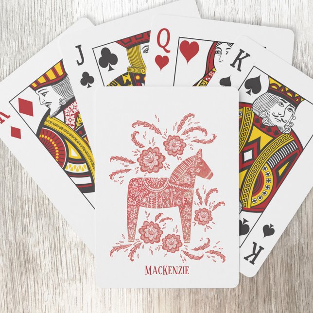 Baralho sueco Dala Horse Personalizado (Swedish Dala Horse folk art red and white personalized name playing cards)