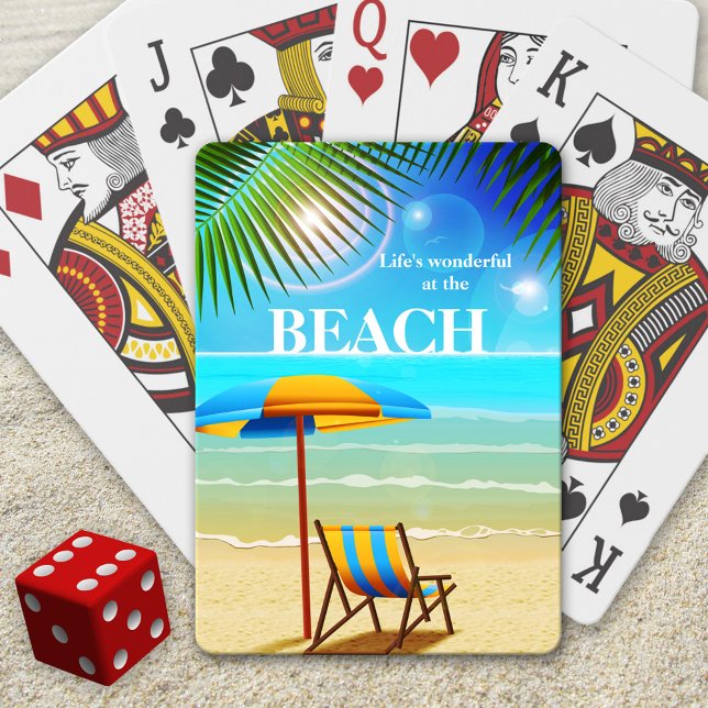 Baralho Sunny Beach Summer Brincando com Cartões (Deck of playing cards featuring a colorful illustration of a relaxing beach scene)
