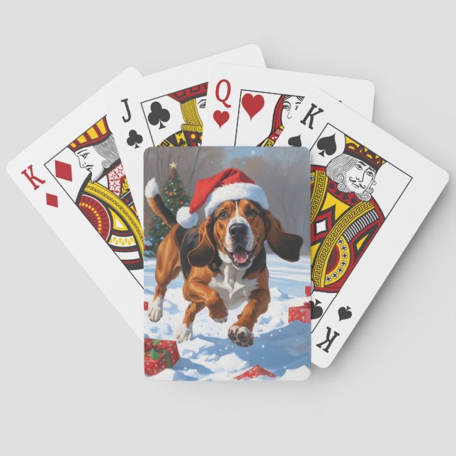 Baralho Treeing Walker Coonhound Neve com Chapéu de Natal (Verso)